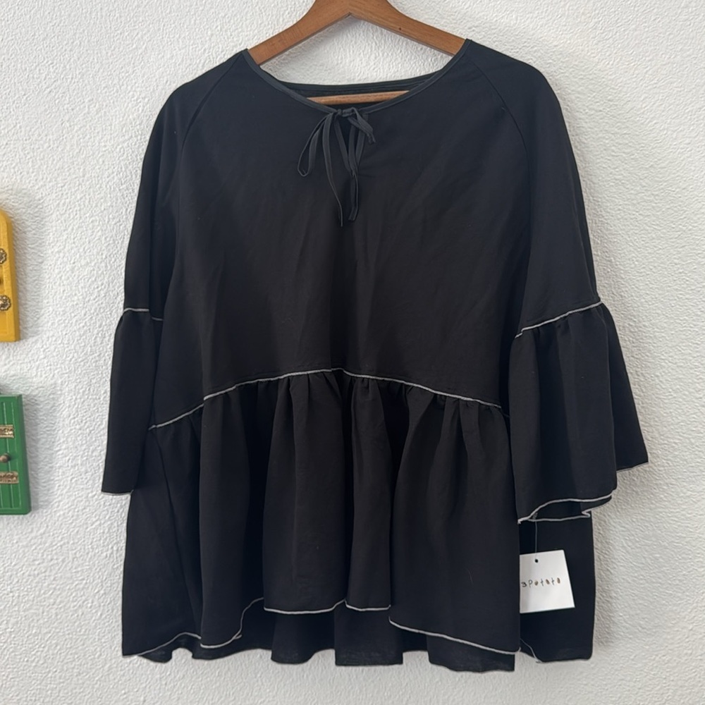 3 Potato Womens Tunic Blouse Top Black S/M NWT Tiered Bell Sleeves Lagenlook